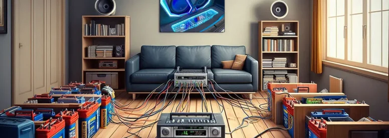 A living room with a car audio system set up in it