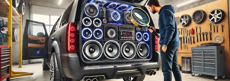 A man looking at various car audio speakers, amplifiers and equipment in the back of a van