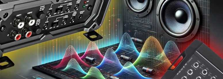 A mixture of various car audio speakers, devices and sound graphs