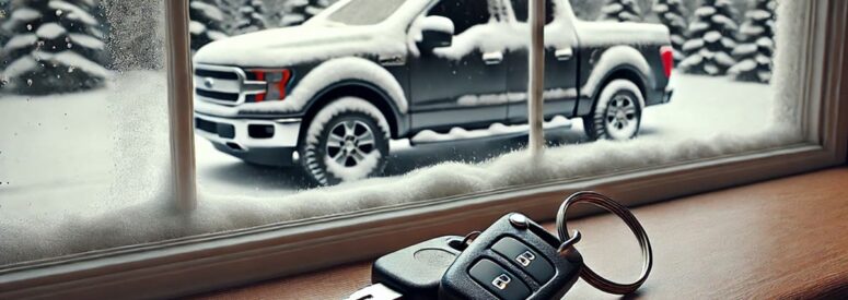 car keys sitting on a window ledge with a truck covered in snow seen through the window